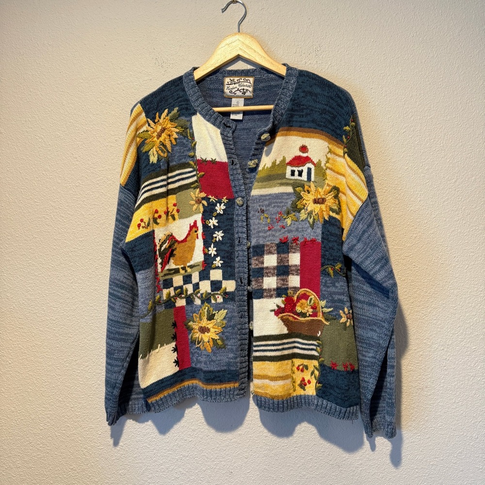 Heirloom Collectibles Vintage Rooster Sunflower Patchwork Cardigan Sweater XL